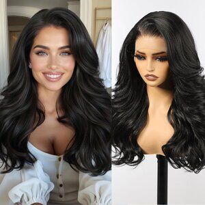 HAIRCUBE 13x6 HD Synthetic Lace Front Wig, 24 Inch Black Long Curly Layered Wigs